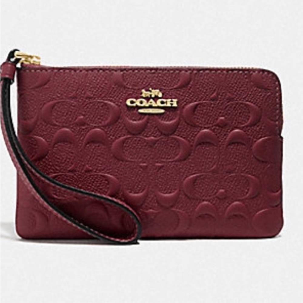Coach Corner Zip Signature Leather Wristlet Wallet